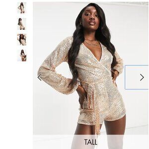 Parisian Tall sequin tie waist romper in gold Size US 6 NEW WITH TAG!